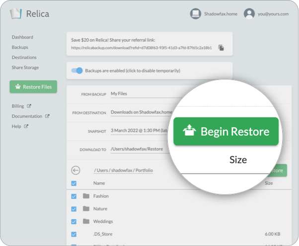 Restore interface